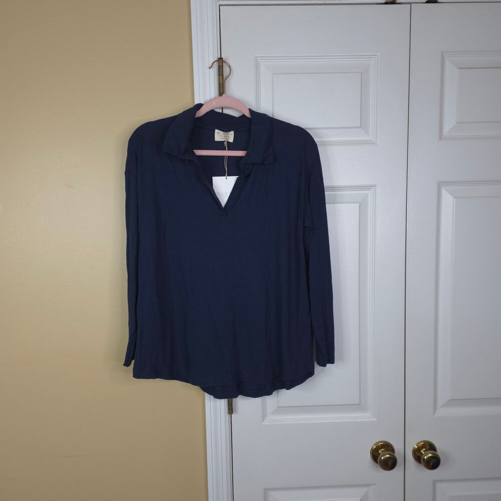 Mus & Bombon Odiel Long Sleeve Polo Shirt in Navy Size S
